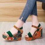 Summer Floral Fabric Slope Heel Women Sandals Comfortable Casual High Heels, 36