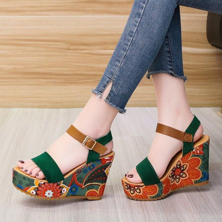 TBD0604840302A.jpg Summer Floral Fabric Slope Heel Women Sandals Comfortable Casual High Heels, 36 - Image 1