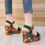 Summer Floral Fabric Slope Heel Women Sandals Comfortable Casual High Heels, 36 - Image 5