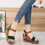 Summer Floral Fabric Slope Heel Women Sandals Comfortable Casual High Heels, 36 - Image 6